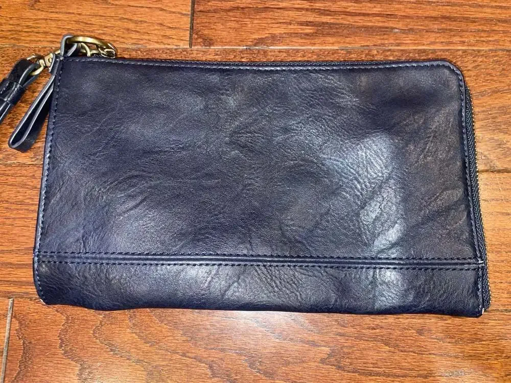 Joy Susan Navy Vegan Leather Wristlet Clutch Minimalist Everyday Bag